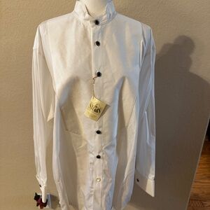 Stubbs Wester Wear White Herringbone Banded Collar French Cuffs SZ L Shirt